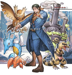  1boy absurdres alternate_color bandana black_hair blue_coat blue_jacket blue_pants boots brown_bandana brown_boots clauncher coat commentary_request crossed_arms crossover full_body galarian_weezing golden_kamuy highres holding holding_poke_ball jacket kikuta_mokutaro kingdra krokorok long_sleeves male_focus mtkg_05 noctowl pants poke_ball poke_ball_(basic) pokemon pokemon_(creature) repeat_ball shiny_pokemon sideburns standing 