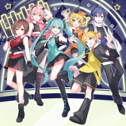  2boys 4girls :d arm_up asymmetrical_legwear black_boots black_jacket black_pants black_shoes black_shorts black_skirt black_thighhighs black_vest blonde_hair blue_eyes blue_hair blue_necktie blue_shirt boots breasts brother_and_sister brown_eyes brown_hair collared_shirt commentary_request dress_shirt hair_between_eyes hair_ornament hairclip hatsune_miku jacket kagamine_len kagamine_rin kaito_(vocaloid) kuroi_(liar-player) lace-up_boots long_hair medium_breasts megurine_luka meiko_(vocaloid) multiple_boys multiple_girls necktie open_clothes open_vest orange_shirt pants pink_hair pink_shirt pleated_skirt purple_shirt red_shirt shirt shoes short_hair shorts siblings single_thighhigh skirt sleeveless sleeveless_shirt smile thigh-highs twintails very_long_hair vest vocaloid yellow_shirt 