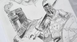  1boy absurdres belt belt_buckle bracer buckle commentary cropped_shoulders dark_souls_(series) dark_souls_i english_commentary fur_trim graphite_(medium) greyscale helm helmet highres holding holding_sword holding_weapon male_focus monochrome multiple_belts multiple_views over_shoulder plume shield sketch solaire_of_astora sword sword_over_shoulder tabard teacorvidae traditional_media weapon weapon_over_shoulder 