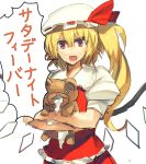  1girl blonde_hair bust flandre_scarlet hat hat_ribbon holding looking_at_viewer mob_cap open_mouth puffy_short_sleeves puffy_sleeves red_eyes ribbon short_sleeves side_ponytail simple_background sketch skirt smile stuffed_animal stuffed_toy stuffing teddy_bear temmasa22 touhou white_background wings 