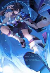 1boy absurdres anemo_symbol_(genshin_impact) arm_at_side armor attacking_viewer bishounen black_bodysuit black_bow black_bridal_gauntlets black_hair black_sandals black_shorts blue_background blue_cape blue_gem blue_hair blue_halo blue_kimono blue_sleeves blunt_ends body_markings bodysuit bow bridal_gauntlets bright_pupils cape clenched_hand clothing_cutout colored_inner_hair commentary_request contrapposto covered_collarbone eyeliner feathers flying_kick furisode gem genshin_impact glowing_gem glowing_markings gold gold_ring hakama hakama_shorts halo halo_behind_head hand_up highres hip_vent japanese_armor japanese_clothes juban kicking kicking_viewer kimono kote kurokote layered_sleeves leg_warmers looking_at_viewer makeup middle_ring multicolored_hair open_clothes open_hand open_kimono parted_lips pleated_shorts pom_pom_(clothes) purple_rope purple_sash red_eyeliner rope sandals sash scaramouche_(genshin_impact) short_sleeves shorts shoulder_peek side_cape solo stirrup_legwear tassel toeless_legwear toenails toes tsurime uuuulianglijing violet_eyes vision_(genshin_impact) wanderer_(genshin_impact) watermark white_kimono white_leg_warmers white_mouth white_pupils white_sleeves white_trim yellow_feathers zouri 