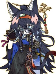  1girl ambience_synesthesia animal_ears arknights bare_shoulders black_gloves black_hair black_skirt blaze_(ambience_synesthesia_2025)_(arknights) blaze_(arknights) blue_eyes blue_sleeves cat_ears cat_girl chinese_commentary commentary_request deformed detached_sleeves feet_out_of_frame gloves hair_between_eyes hair_ornament hair_stick hairband jewelry long_hair long_skirt looking_at_viewer red_hairband skirt smile solo sunglasses tail variant_set white_background wide_sleeves xinjinjumin2195367 