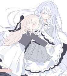  2girls black_gloves blonde_hair capelet closed_eyes closed_mouth colored_eyelashes commentary_request dress frilled_capelet frilled_dress frilled_sleeves frills gloves grey_shirt highres hikami_meruru korean_commentary long_hair long_sleeves mahou_shoujo_no_majo_saiban mistyhama multiple_girls neck_ribbon ribbon shirt simple_background skirt spoilers translation_request tsukishiro_yuki white_background white_capelet white_dress white_eyelashes white_hair white_skirt wide_sleeves yuri 