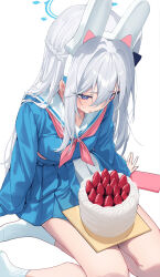  1girl absurdres animal_ear_headphones animal_ears blue_archive blue_eyes blue_hair blue_halo blue_serafuku blue_skirt cake commentary crying crying_with_eyes_open fake_animal_ears food fruit halo headphones highres kerno miyako_(blue_archive) pleated_skirt rabbit_ear_headphones rabbit_ears school_uniform serafuku sitting skirt socks solo strawberry tears white_background white_hair white_socks yokozuwari 