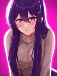  1girl absurdres alternate_costume blush closed_mouth commentary_request doki_doki_literature_club grey_sweater hair_ornament hairclip highres jorgeywater long_hair looking_at_viewer outline pink_background purple_hair sidelocks smile solo sweater very_long_hair violet_eyes white_outline yuri_(doki_doki_literature_club) 