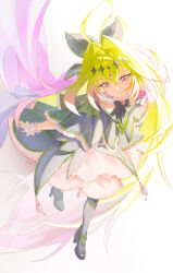 1girl absurdres antenna_hair black_bow black_bowtie black_capelet black_dress blonde_hair blush border bow bowtie capelet commentary_request covered_mouth crossed_bangs cure_arcana_shadow dress frilled_capelet frills full_body hair_between_eyes hair_bow hair_intakes highres long_hair looking_at_viewer magical_girl meitantei_precure! moria_luluka pink_eyes precure rdrd solo very_long_hair wrist_cuffs