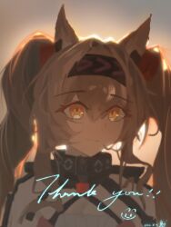  1girl absurdres angelina_(arknights) angelina_the_mellow_wish_(arknights) animal_ears arcticarp arknights black_collar brown_hair collar dated drill_hair english_text fang fox_ears fox_girl hair_between_eyes highres infection_monitor_(arknights) light_smile long_hair orange_eyes outdoors sidelocks skin_fang solo sunset thank_you twin_drills 