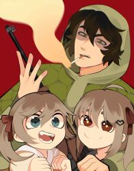  1boy 2girls ahoge black_hair blue_eyes brown_hair capelet cardigan cigarette closed_mouth commentary english_commentary evil_neuro-sama green_capelet green_eyes green_hoodie hair_between_eyes hair_ornament hair_ribbon heart heart_hair_ornament highres holding holding_weapon hood hood_up hoodie long_hair long_sleeves looking_at_viewer multiple_girls neuro-sama open_mouth red_background red_eyes red_ribbon ribbon shaded_face short_hair siblings simple_background sisters smile smoking sparkling_eyes twins two_side_up vedal987 vedal_ai weapon yellow_cardigan yuunga-p 