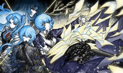  4girls an233gle angela_(project_moon) ascot black_dress black_vest blue_coat blue_hair brooch closed_mouth coat commentary dress feather_dress golden_bough_(project_moon) hand_up highres jewelry lapels library_of_ruina limbus_company lobotomy_corporation multiple_girls multiple_persona necktie notched_lapels pages project_moon red_necktie short_hair vest white_coat yellow_eyes 