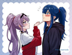  1boy 1girl black_hoodie blue_eyes blue_hair blush commentary contemporary cropped_torso english_commentary fire_emblem fire_emblem:_genealogy_of_the_holy_war from_side hand_on_another's_chin hood hoodie ishtar_(fire_emblem) long_hair looking_at_another outside_border ponytail rein_creamsoda seliph_(fire_emblem) violet_eyes watermark 