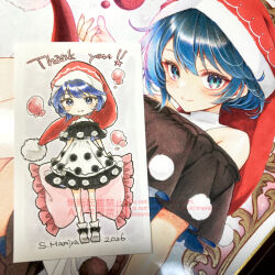  1girl artist_name bare_shoulders black_capelet black_dress blob blue_eyes blue_hair blush breasts capelet closed_mouth commentary_request dated deformed doremy_sweet dream_soul dress english_text hat legs looking_at_viewer marker_(medium) medium_hair nightcap pom_pom_(clothes) red_hat s.mamiya smile tail thank_you touhou traditional_media two-tone_dress watermark white_dress 