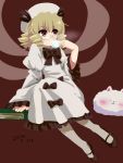  1girl blonde_hair book bow chabi_(amedama) cup dated dress drill_hair drinking glasses hat luna_child red_eyes ribbon short_hair solo teacup touhou wings 