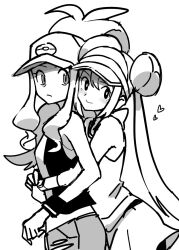  2girls baseball_cap breasts closed_mouth commentary_request cowboy_shot double_bun from_side greyscale hair_bun hat heart high_ponytail highres hilda_(pokemon) hoyon hug hug_from_behind light_smile lineart long_hair long_sidelocks looking_at_another looking_to_the_side miniskirt monochrome multiple_girls pokemon pokemon_black_2_and_white_2 pokemon_black_and_white ponytail rosa_(pokemon) sidelocks simple_background skirt small_breasts very_long_hair visor_cap 