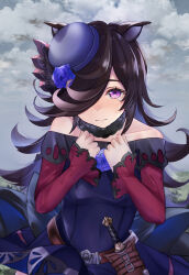  1girl absurdres animal_ears bare_shoulders blue_dress blue_flower blue_hat blue_rose blush breasts brown_hair closed_mouth clouds collarbone crying crying_with_eyes_open dagger dress flipped_hair flower fur_choker hair_over_one_eye hat hat_flower highres horse_ears horse_girl izumo_(izumoda) knife long_hair long_sleeves looking_at_viewer off-shoulder_dress off_shoulder outdoors rice_shower_(rosy_dreams)_(umamusume) rice_shower_(umamusume) rose sheath sheathed sky small_breasts solo tears tilted_headwear umamusume violet_eyes weapon 