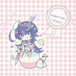  1girl ahoge animal_ears blue_eyes blue_hair blush boots bungou_stray_dogs bungou_stray_dogs:_mayoi_inu_kaikitan chibi closed_umbrella clover commentary_request dated dress easter easter_egg egg fake_animal_ears flipped_hair flower four-leaf_clover full_body fur_trim gloves hair_between_eyes hair_down hair_ornament happy_easter huge_ahoge izumi_kyouka_(bungou_stray_dogs) le_chocolat_010 long_hair looking_at_viewer official_alternate_costume official_alternate_hairstyle pink_umbrella plaid_background rabbit rabbit_ears signature sitting solo umbrella 