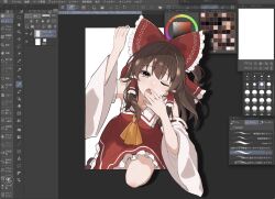  1girl art_program_in_frame ascot bow brown_eyes brown_hair commentary_request detached_sleeves fourth_wall frilled_bow frilled_hair_tubes frilled_skirt frills hair_bow hair_tubes hakurei_reimu highres lips_creator777 long_hair looking_at_viewer one_eye_closed open_mouth red_bow red_skirt ribbon-trimmed_sleeves ribbon_trim skirt skirt_set solo touhou yawning yellow_ascot 