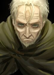  1boy chinstrap cloak close-up commentary_request green_cloak green_eyes grey_hair hair_slicked_back highres looking_at_viewer loose_hair_strand mole mole_under_eye mushoku_tensei old old_man rudeus_greyrat_(alternate_timeline) serious short_hair siberian0110 wrinkled_skin 
