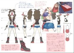  2024_pokemon_teraleak ass black_vest blue_eyes breasts brown_hair commentary concept_art denim denim_shorts full_body high_ponytail highres hilda_(pokemon) huge_ass long_hair multiple_views official_art poke_ball_print pokemon pokemon_black_and_white pokemon_masters_ex ponytail production_art reference_sheet short_shorts shorts small_breasts smile sugimori_ken sugimori_ken_(style) tank_top turnaround vest white_background white_tank_top wide_hips 