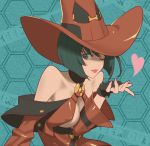  1girl bare_shoulders black_gloves black_hair breasts cleavage cleavage_cutout fingerless_gloves fingernails gloves green_eyes green_hair guilty_gear hat heart honeycomb_background i-no lips long_fingernails mole nail_polish one_eye_closed pink_nails short_hair solo souma_kira witch_hat 