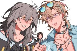  1boy 2girls ahoge anger_vein angry aqua_hair aventurine_(honkai:_star_rail) aventurine_(waveflair)_(honkai:_star_rail) badge bare_shoulders black_gloves black_jacket blonde_hair blue-tinted_eyewear blue_eyes blue_gem blue_shirt blush braid brown_eyes brown_hair clenched_hand closed_eyes collarbone collared_shirt earrings eyewear_on_head fangs fingernails flying_sweatdrops formal_clothes gem gloves gold_earrings gold_necklace gold_ring grey_hair hair_between_eyes hand_up hands_up hawaiian_shirt highres honkai:_star_rail honkai_(series) index_finger_raised jacket jewelry lapels lips long_hair looking_at_another low_ponytail majunjuu medium_hair multicolored_eyes multicolored_hair multiple_girls multiple_rings neck_tattoo necklace necktie nervous off-shoulder_shirt off_shoulder open_clothes open_jacket open_mouth open_shirt pointing pointing_at_another ponytail red_necktie ring shirt short_hair short_ponytail side_braid sidelocks simple_background single_braid smile squiggle stelle_(honkai:_star_rail) streaked_hair sunglasses sweatdrop t-shirt tattoo teeth tinted_eyewear trailblazer_(honkai:_star_rail) upper_body v-shaped_eyebrows violet_eyes wavy_hair white_background white_shirt yellow-framed_eyewear yellow_pupils 