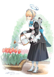  1girl absurdres apron assault_rifle black_dress black_gloves blonde_hair blue_archive blue_bow blue_eyes blue_halo boots bow bun_cover commentary dress earpiece fingerless_gloves flower gloves gun gun_on_back h&amp;k_g11 hair_bun halo high_heel_boots high_heels highres holding holding_watering_can long_sleeves maid maid_apron maid_headdress microphone puffy_long_sleeves puffy_sleeves red_flower red_tulip rifle sentimental_hayashi short_hair solo toki_(blue_archive) tulip watering watering_can weapon weapon_on_back white_boots 
