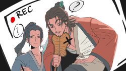 2boys ? all_wishes_come_true! black_hair black_pants blue_hanfu brown_eyes brown_hair chinese_clothes closed_mouth coat english_commentary facial_hair hair_bun hair_ornament half_updo hand_fan hand_on_own_thigh hanfu high_ponytail highres holding holding_fan jewelry leaf_fan leaf_hair_ornament long_hair long_sleeves looking_at_viewer lv_dongbin_(all_wishes_come_true!) male_focus multiple_boys mustache_stubble necklace open_clothes open_coat pants parted_lips pectoral_cleavage pectorals ponytail red_coat robe sidelocks simple_background single_hair_bun sona_(mmediocreman) speech_bubble spoken_question_mark stubble upper_body viewfinder white_background white_hanfu zhongli_quan_(all_wishes_come_true!) 