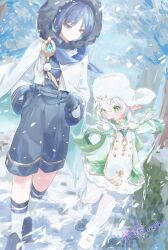  1boy 1girl absurdres blue_eyes blue_hair breath commentary_request cross-shaped_pupils full_body fur_hat genshin_impact gloves gradient_hair green_eyes green_hair green_shirt hat highres libtooooon long_hair long_sleeves multicolored_hair nahida_(genshin_impact) nahida_(nord_express)_(genshin_impact) pants pointy_ears scaramouche_(genshin_impact) scarf shirt short_hair skirt snow snowing symbol-shaped_pupils ushanka wanderer_(genshin_impact) wanderer_(nord_express)_(genshin_impact) white_gloves white_skirt winter winter_clothes 