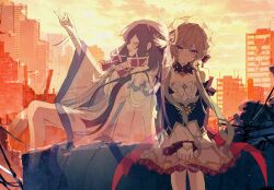  2girls arm_up black_collar black_corset black_sleeves blue_eyes brown_hair closed_eyes closed_mouth collar columbina_(genshin_impact) concrete corset den_dendayo detached_collar detached_sleeves dress feet_out_of_frame from_side genshin_impact gloves hair_ornament highres long_hair long_sleeves looking_ahead looking_down multicolored_eyes multiple_girls open_mouth orange_sky outdoors purple_hair red_ribbon ribbon rubble ruins sandrone_(genshin_impact) see-through_body short_hair_with_long_locks sitting sky straight-on strapless strapless_dress violet_eyes white_dress white_gloves white_headdress wide_sleeves x_hair_ornament 