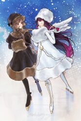  2girls alternate_costume black_hair black_ribbon blue_eyes blush brown_dress brown_hair closed_eyes closed_mouth coat columbina_(genshin_impact) commentary dress eye_mask genshin_impact hair_ribbon hat highres ice_skates ice_skating long_hair long_sidelocks mask multicolored_hair multiple_girls purple_hair purple_streaks ribbon sandrone_(genshin_impact) see-through_clothes see-through_mask short_hair short_hair_with_long_locks sidelocks skates skating smile snow streaked_hair two-tone_hair untranslatable_commentary very_long_hair white_dress white_mask white_ribbon white_wings wings winnie_(whitearlgrey) winter_clothes winter_coat 