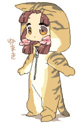  1girl animal_costume brown_hair cat_costume child closed_mouth flower hair_flower hair_ornament low-tied_sidelocks lowres medium_hair oekaki pink_flower sekaiju_no_meikyuu sekaiju_no_meikyuu_4 shadow sidelocks simple_background solo standing suno_(imydream) translation_request white_background xiuan_(sekaiju) yellow_eyes zipper_pull_tab 