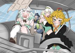  3am 4girls animal_ears black_gloves blank_eyes blonde_hair blue_eyes blue_hair car car_interior commentary densetsu.exe dokibird driving english_commentary ferret_ears ferret_girl gloves gradient_hair green_hair highres indie_virtual_youtuber limealicious limealicious_(cozy) mint_fantome motor_vehicle multicolored_hair multiple_girls open_mouth raccoon_ears raccoon_girl rear-view_mirror rrangaaaa scared seatbelt sloppy_sisters snuffy_(idol)_(vtuber) snuffy_(vtuber) steering_wheel sweat vinesauce virtual_youtuber white_hair 