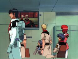 1girl aiguille_delaz carrying carrying_under_arm character_request closed_mouth commentary_request dokite_tsukasa earth_federation game_asset gundam gundam_0083 gundam_side_story:_the_blue_destiny helmet kou_uraki long_hair maureen_kitamura mecha_pilot_suit mobile_suit multiple_boys normal_suit_(gundam) official_art sitting unworn_headwear yu_kajima zeon 