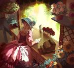  1boy 1girl blonde_hair bonnet bow cash_register dress flower flower_shop frills hat lolita_fashion long_hair long_sleeves money original plant pot potted_plant rose sawana shop sunflower 