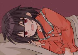  1girl brown_hair collarbone_peek commentary_request dot_nose half-closed_eyes jitome kono_subarashii_sekai_ni_shukufuku_wo! looking_at_viewer lying megumin ogiharuto open_mouth pajamas red_eyes red_pajamas short_hair short_hair_with_long_locks simple_background smile solo 
