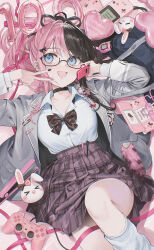  1girl :d balloon black_bow black_bowtie black_hair blue_eyes bow bowtie breasts brown_skirt cellphone collared_shirt congratulations controller dress_shirt dualshock flip_phone game_boy game_boy_pocket game_controller grey_jacket hair_straightener handheld_game_console heart_balloon highres holding holding_phone jacket knee_up large_breasts long_hair long_sleeves loose_socks lying milestone_celebration miniskirt multicolored_hair nakashima_(pluscolor) nintendo_ds number_balloon on_back open_clothes open_jacket open_mouth phone pink_hair plaid_clothes plaid_skirt playstation_controller pleated_skirt shirt skirt smile socks solo split-color_hair tachibana_hinano tachibana_hinano_(school_uniform) tamagotchi two-tone_hair v virtual_youtuber vspo! white_socks 