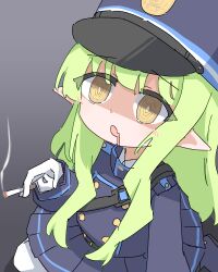  1girl absurdres blue_archive blue_hat blue_jacket blue_skirt bright_pupils buttons cigarette collared_shirt commentary double-breasted drooling epaulettes from_above gloves gradient_background green_hair grey_background hat highres hikari_(blue_archive) holding holding_cigarette jacket kepi long_sidelocks mandarin_collar military_hat mouth_drool open_mouth pantyhose pointy_ears raised_inner_eyebrows ringed_eyes shirt sidelocks skirt smoke solo watanuki_(f41co_) white_gloves white_pantyhose white_pupils white_shirt wing_collar yellow_eyes 
