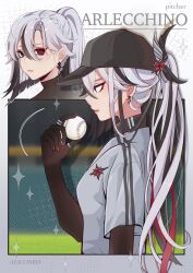  1girl alternate_costume alternate_hairstyle arlecchino_(genshin_impact) ayacchirin ball baseball_(object) black_eyes black_hair black_hands braid breasts colored_extremities cross-shaped_pupils earrings genshin_impact grey_hair grey_shirt hair_between_eyes highres holding holding_ball jewelry long_hair multicolored_hair multiple_views ponytail red_pupils shirt single_earring streaked_hair symbol-shaped_pupils two-tone_hair x-shaped_pupils 