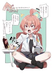  1girl ^^^ absurdres ahoge bandaid bandaid_on_knee bandaid_on_leg black_halo black_nails black_shirt black_socks blue_archive blue_skirt blush border bottle braid chair clenched_hand clothes_around_waist cola collarbone collared_shirt commentary_request controller desk_slam earrings fang game_controller green_background hair_between_eyes halo highres holding holding_controller holding_game_controller huge_ahoge indian_style jacket jacket_around_waist jewelry mole mole_under_each_eye mole_under_eye multiple_moles neru_(blue_archive) neru_(school_uniform)_(blue_archive) official_alternate_costume on_chair open_clothes open_mouth open_shirt orange_hair outside_border polka_dot polka_dot_background pomita print_shirt red_eyes school_uniform shirt short_hair single_braid sitting skirt small_sweatdrop socks soda_bottle speech_bubble stud_earrings table translation_request v-shaped_eyebrows white_border white_shirt zaisu 