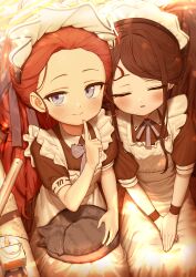  2girls :o absurdres animal animal_on_lap apron aris_(blue_archive) aris_(maid)_(blue_archive) black_dress black_hair blue_archive blue_bow blue_bowtie blue_ribbon blurry blurry_background blush bow bowtie brown_cat cat cat_on_lap closed_eyes closed_mouth collared_dress commentary contrast_collar cowboy_shot curled_up dot_nose dress facing_viewer finger_to_own_chin forehead frilled_apron frills from_above halo hand_on_animal hand_up hands_on_lap heads_together highres index_finger_raised intentionally_missing_halo kei_(orange_robot)_(blue_archive) light_particles long_hair looking_at_viewer maid maid_apron maid_headdress missing_halo multi-source_commentary multiple_girls neck_ribbon official_alternate_costume official_alternate_hairstyle on_lap own_hands_together parted_bangs parted_lips purple_pupils red_hair ribbon short_sleeves sitting sleeping smile surps violet_eyes white_apron white_headdress wingtip_collar wristband yellow_halo yuzu_(blue_archive) yuzu_(maid)_(blue_archive) 