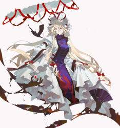  1girl absurdres blonde_hair bow chinese_commentary closed_mouth commentary_request disembodied_hand dress folding_fan frilled_dress frills full_body gap_(touhou) hair_bow hand_fan hat hat_ribbon highres holding_own_dress incredibly_absurdres long_hair long_sleeves looking_at_viewer mob_cap multiple_hair_bows parasol portrait_(object) purple_tabard red_bow red_ribbon ribbon smile solo tabard touhou umbrella very_long_hair white_dress white_hat white_umbrella wide_sleeves yakumo_yukari yellow_eyes yongyu366 