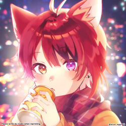  1boy animal_ears antenna_hair artist_name bishounen blurry blush bokeh can commentary_request depth_of_field dog_boy dog_ears drink hair_between_eyes heterochromia holding holding_can holding_drink long_sleeves looking_at_viewer male_focus nico_eggroll open_mouth plaid_clothes plaid_scarf portrait red_hair red_scarf rinu_(stpri) scarf short_hair solo strawberry_prince swept_bangs utaite violet_eyes watermark yellow_eyes 