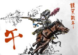  1girl aiming anna_fra_nil antique_firearm armor blonde_hair blue_bow blue_eyes boots bow braid breastplate brown_horse cuirass faulds firelock firing flintlock gun hair_bow handgun highres horseback_riding knight looking_to_the_side medieval original plate_armor plume red_feather riding saddle single_braid translation_request weapon white_background 