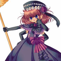  1girl akanbe black_bow black_gloves black_hat blunt_bangs blush bow capelet dress_bow elbow_gloves eva_beatrice extra_arms eyelid_pull flower frilled_capelet frills gloves hands_on_own_hips hat hat_flower highres holding holding_staff looking_at_viewer nekotorine orange_hair pointy_ears purple_capelet red_bow red_flower red_rose rose ryukishi07_(style) staff tongue tongue_out umineko_no_naku_koro_ni violet_eyes white_background 
