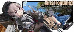  1girl absurdres backpack bag beret black_gloves black_necktie bolt_action border camera cheyanne_(girls'_frontline_2) cheytac_m200 commentary double-parted_bangs english_text girls'_frontline_2:_exilium girls_frontline gloves grey_hair gun hat headset highres holding holding_camera looking_at_viewer m200_(girls'_frontline) microphone necktie ning371 photo_background radio radio_antenna rifle scope shark shoes sidelocks sitting skirt sneakers sniper_rifle solo_focus stuffed_animal stuffed_toy weapon white_border yellow_eyes 