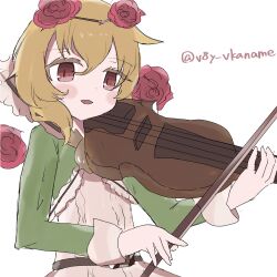  1girl blonde_hair bow_(music) brown_hair commentary_request cranberry_(mahoiku) elf flower hair_between_eyes hair_ornament highres holding holding_bow_(music) holding_instrument holding_violin instrument magical_girl mahou_shoujo_ikusei_keikaku mahou_shoujo_ikusei_keikaku_unmarked playing_instrument pointy_ears red_eyes rose smile solo v8y_vkaname violin 