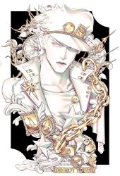  1boy black_background brooch chain cherry clockwork closed_mouth coat colored_skin commentary earrings english_text food fruit gakuran gold_chain hat high_collar highres jewelry jojo_no_kimyou_na_bouken kujo_jotaro limited_palette looking_at_viewer male_focus partially_colored peaked_cap plant school_uniform shirt solo star_(symbol) stardust_crusaders statue stone_mask_(jojo) stud_earrings untranslatable_commentary upper_body white_coat white_eyes white_hat white_shirt white_skin zhhy3324 