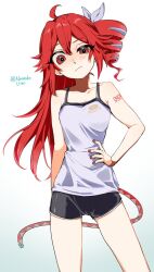 1girl baguette drill_hair half-closed_eyes kasane_teto long_hair loose_hair red_eyes red_nail_polish red_nails short_pants signature signature_artist_name solo white_background white_shirt