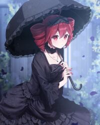  1girl absurdres black_dress bow collarbone commentary dress drill_hair falling_petals frilled_dress frilled_sleeves frills gothic_lolita hair_bow highres holding holding_umbrella jewelry kasane_teto lolita_fashion looking_at_viewer mochiro_chio nail_polish pendant petals red_eyes red_hair red_nails solo square_neckline twin_drills umbrella utau 