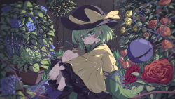  1girl absurdres black_hat blue_flower blue_rose blush bow closed_mouth collared_shirt commentary disembodied_linked_eye eyeball flower flower_request frilled_shirt_collar frilled_skirt frilled_sleeves frills green_eyes green_hair green_skirt hat hat_bow highres komeiji_koishi long_sleeves looking_at_viewer medium_hair plant potted_plant red_flower red_rose rose shirt sitting skirt smile solo touhou untranslatable_commentary wide_sleeves yellow_bow yellow_shirt yiyi02 