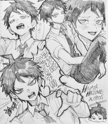  1boy :/ absurdres ahoge arm_up belt blush breast_pocket character_name collared_shirt commentary_request danganronpa_(series) danganronpa_2:_goodbye_despair dated graphite_(medium) greyscale hair_between_eyes highres hinata_hajime looking_down looking_to_the_side mochipankun monochrome multiple_views open_mouth pants pocket pointing pointing_at_viewer sanpaku shirt shirt_tucked_in short_hair short_sleeves sideways_glance sitting sketch smile smug speech_bubble traditional_media translation_request v-shaped_eyebrows very_short_hair wing_collar 
